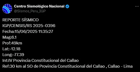 Los datos del sismo de 6.1 en Lima (X @Sismos_Peru_IGP).
