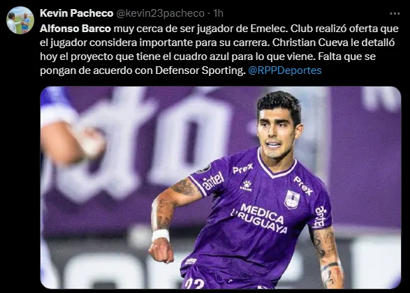 Alfonso Barco podría llegar a Emelec (Foto: X).