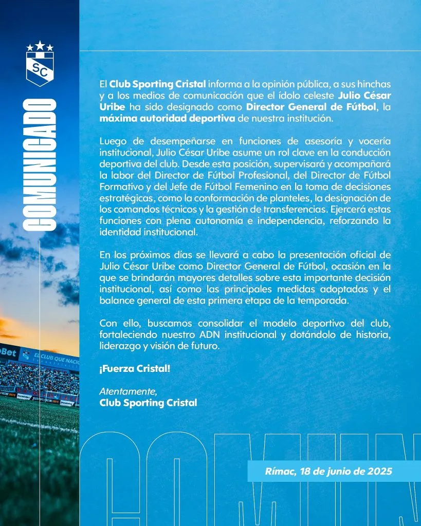 Sporting Cristal informa sobre Julio César Uribe. (Foto: X).