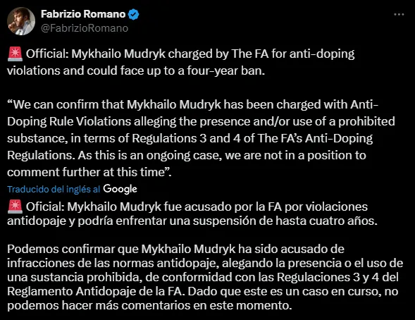 El comunicado de la FA contra Mykhaylo Mudryk (X @FabrizioRomano).