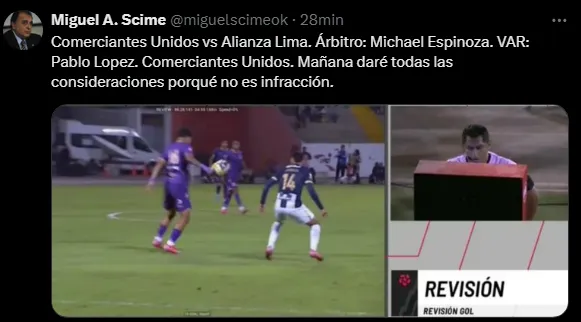 Scime confirma ayuda del VAR a Alianza Lima (Foto: X).