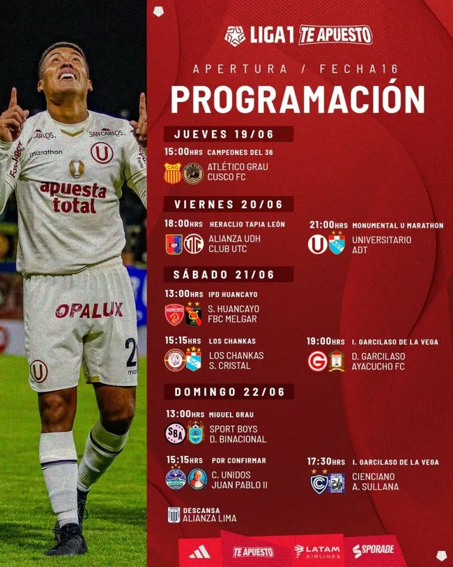 Programación fecha 16 Torneo Apertura (Liga 1).