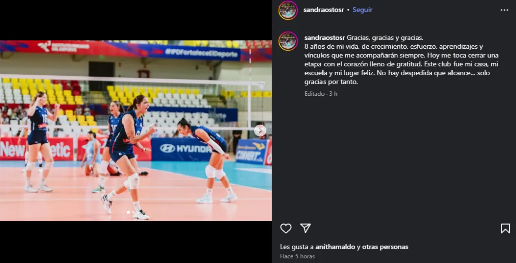 Sandra Ostos y su despedida de Circolo Sportivo Italiano (Instagram @sandraostosr).