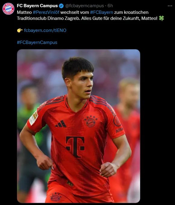 Bayern Múnich despide a Matteo Pérez (Foto: X de Bayern Múnich Campus).
