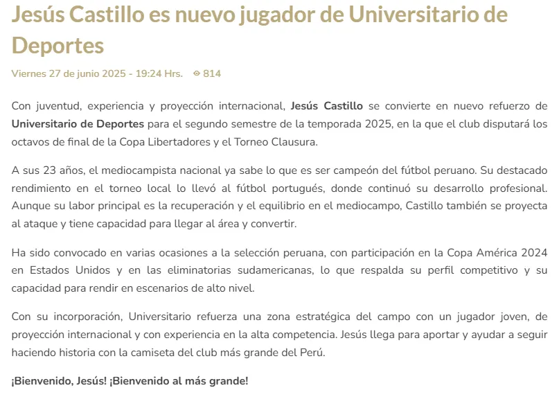 El comunicado de Universitario por la llegada de Jesús Castillo.