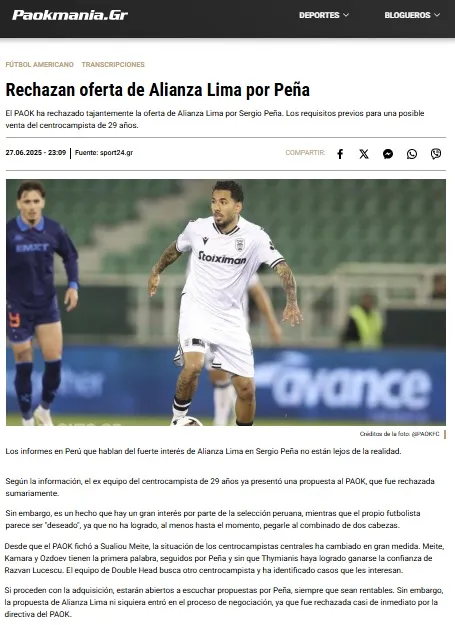 Desde Grecia, señalan que PAOK rechazó oferta de Alianza Lima por Sergio Peña.