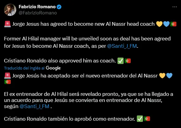Jorge Jesús tiene acuerdo con Al Nassr (X @FabrizioRomano).