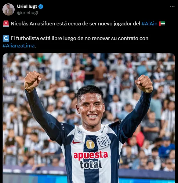 Nicolás Amasifuén sale de Alianza Lima (Foto: X).