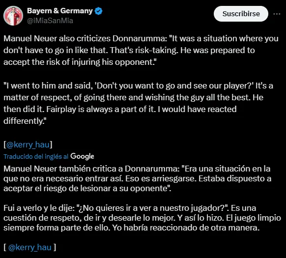 La crítica de Neuer a Donnarumma por la lesión de Musiala (X @iMiaSanMia).