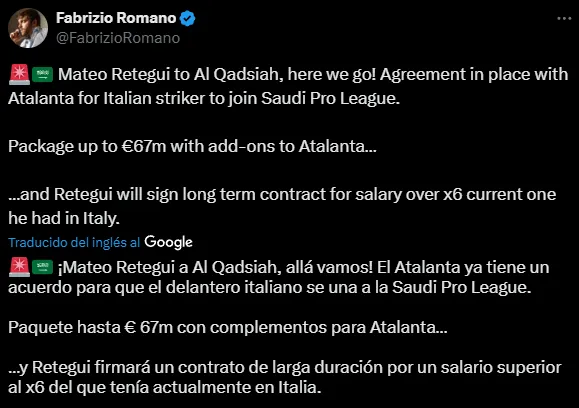 Retegui pasará a Al Qadisiya por 67 millones de euros (X @FabrizioRomano).