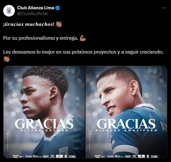 Víctor Guzmán y Nicolás Amasifuen se van de Alianza Lima. (Foto: X).