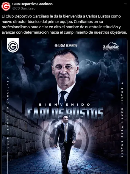 Deportivo Garcilaso anunció a Carlos Bustos como nuevo DT (X @CD_Garcilaso).