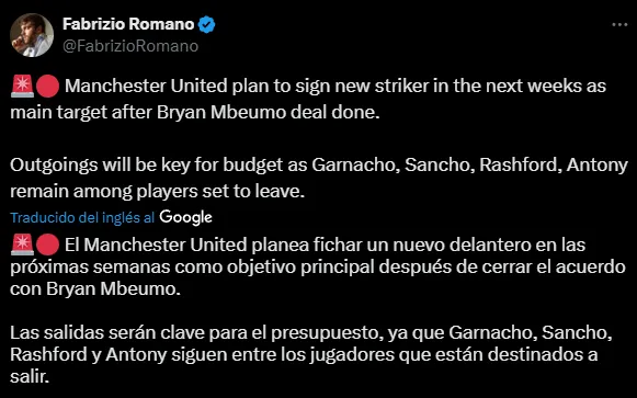El plan del Manchester United para la llegada de un delantero: 4 salidas (X @FabrizioRomano).