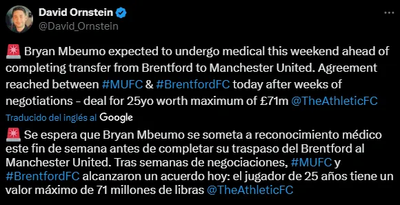 Bryan Mbeumo será nuevo jugador del Manchester United (X @David_Ornstein).