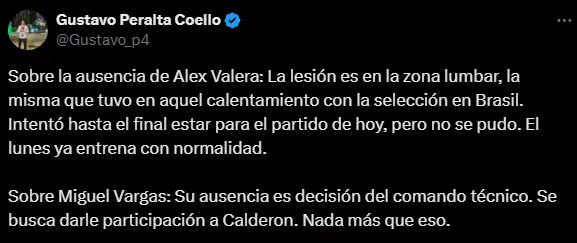 Los detalles de la baja de Valera ante Comerciantes Unidos (X @Gustavo_p4).