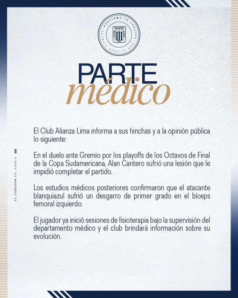 Alianza Lima informó el estado de Alan Cantero (Oficial).