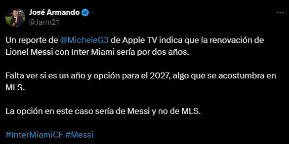 Messi renovará por dos años con Inter Miami (X @Jarm21).