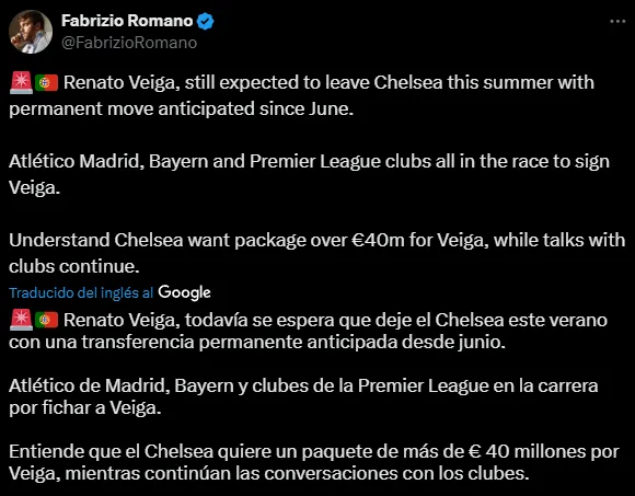 Renato Veiga, en la mira de varios grandes de Europa (X @FabrizioRomano).