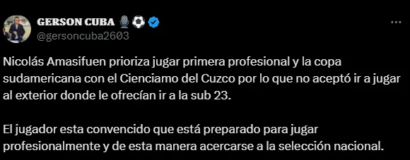 Nicolás Amasifuén se queda en Perú (Foto: X).
