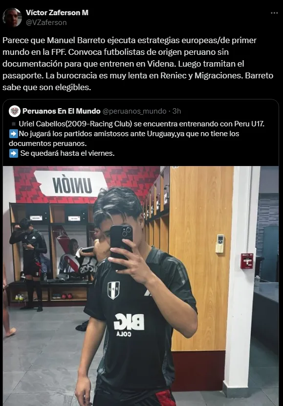 Uriel Cabellos en la Selección Peruana (Foto: X).