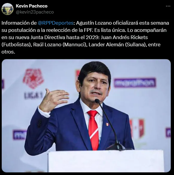 Agustín Lozano no suelta la FPF (Foto: X).