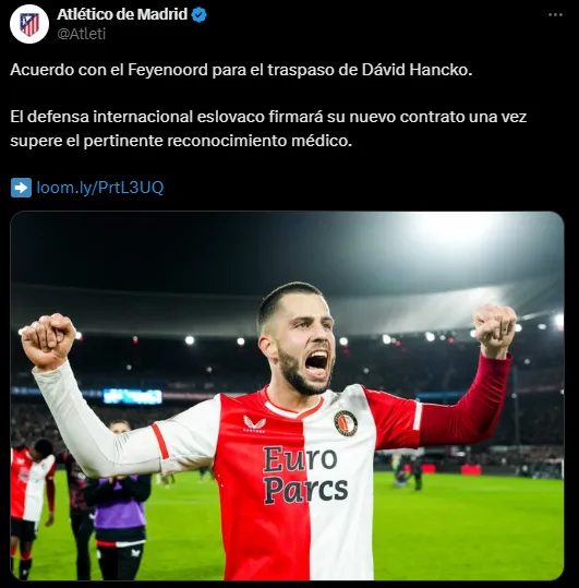 Atlético de Madrid anunció a Hancko (X @Atleti).