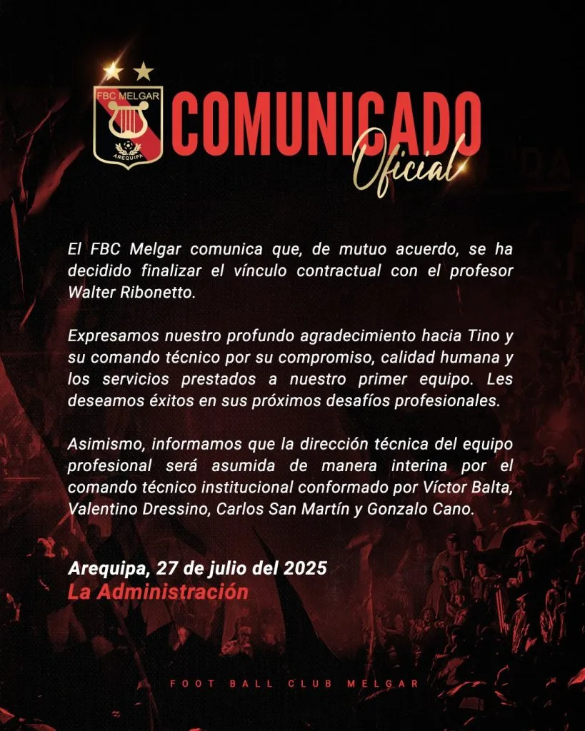 Así se comunicó la salida de Walter Ribonetto como DT de Melgar (X @MelgarOficial).
