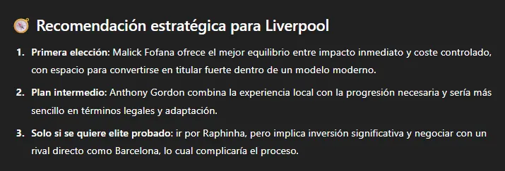 Las recomendaciones “estratégicas” para Liverpool sobre quién reemplaza a Luis Díaz (ChatGPT).