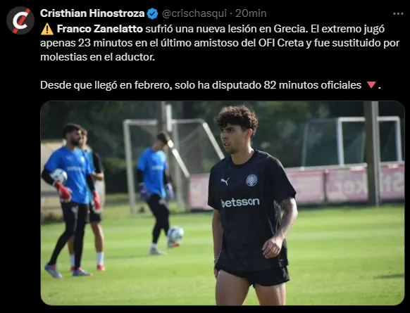 Franco Zanelatto lesionado (Foto: X).