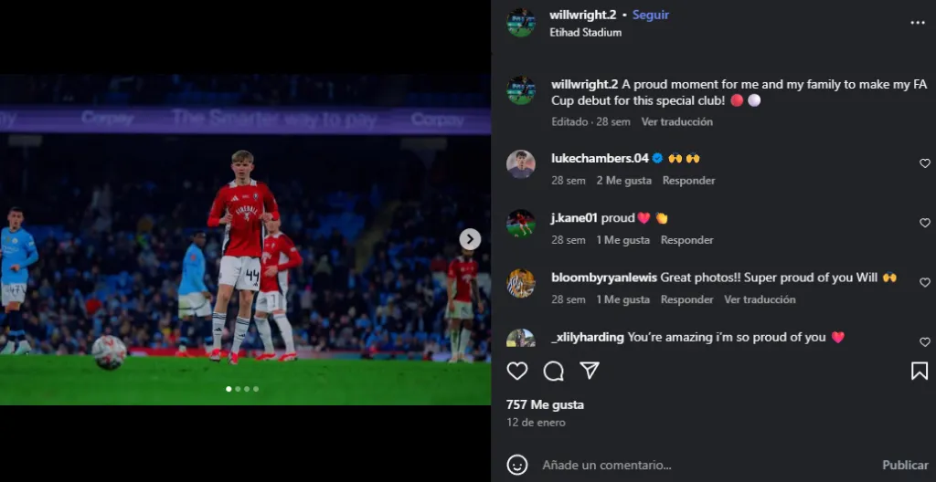 La publicación por ese partido en el Etihad ante Manchester City (Instagram @willwright.2).