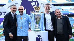 Pep Guardiola, junto al presidente de Manchester City, Khaldoon al Mubarak, el CEO Ferran Soriano y el ex director de fútbol, Txiki Begiristain.