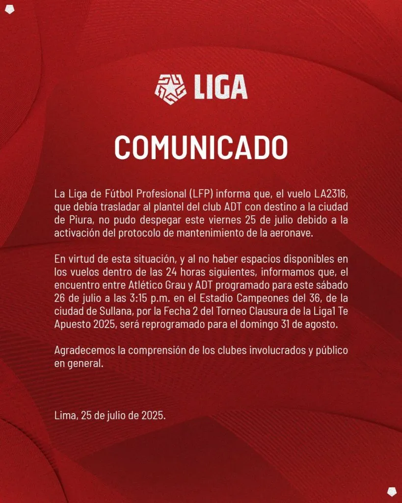 El comunicado que confirmó la suspensión del Atlético Grau vs. ADT (LFP).
