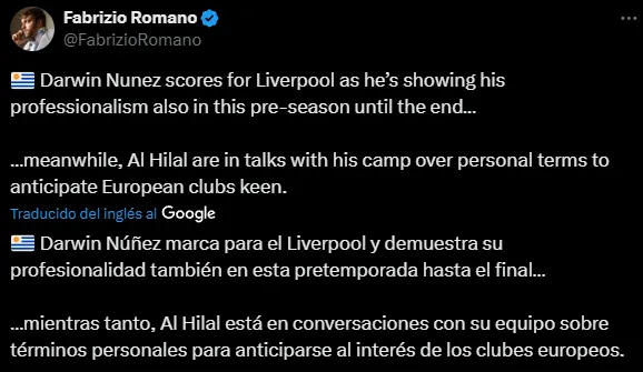 Darwin Núñez, pretendido por Al Hilal (X @FabrizioRomano).