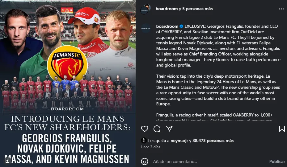 Djokovic forma parte del grupo de inversionistas del Le Mans FC de Francia (Instagram @boardroom).