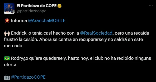 Arancha Rodríguez reveló que Endrick estuvo a punto de irse a la Real Sociedad (X @partidazocope).