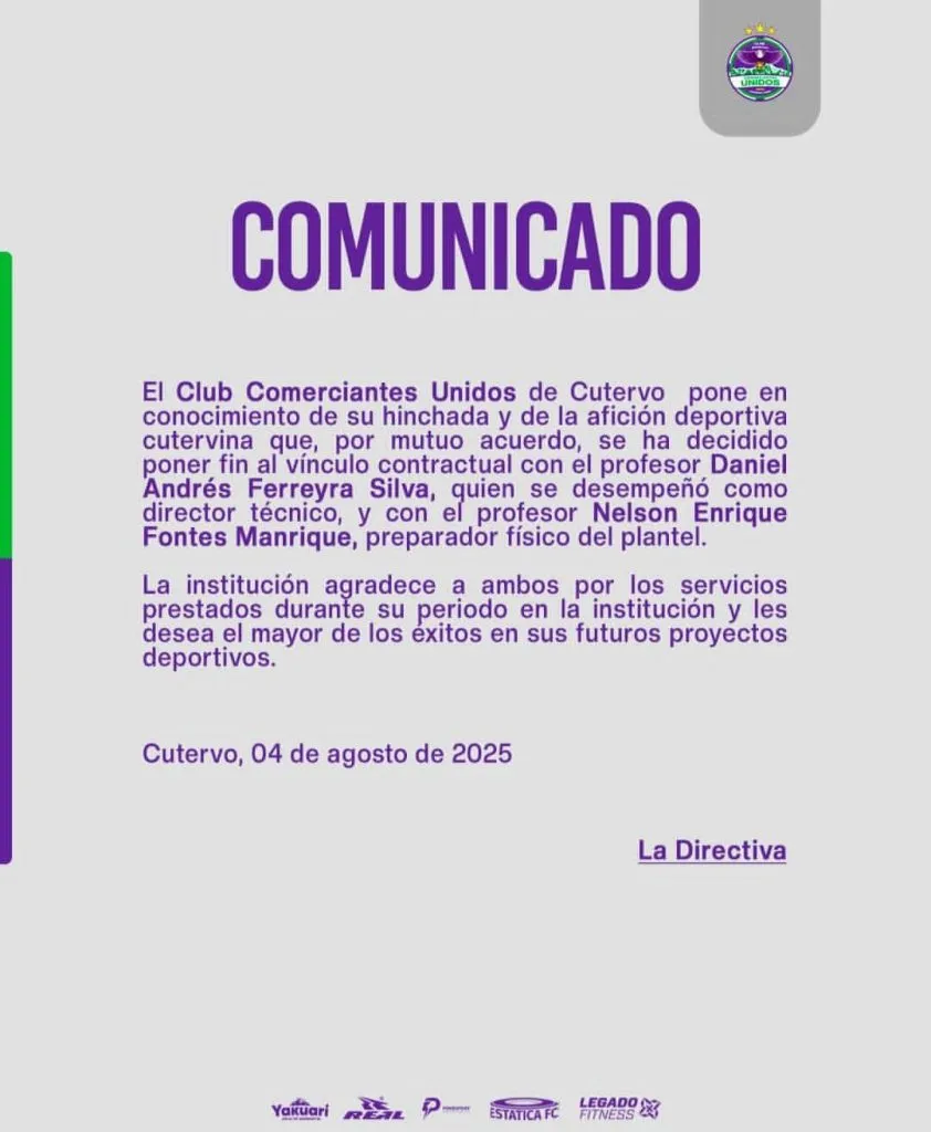 Comunicado de Comerciantes Unidos sobre la salida de Daniel Ferreyra (Oficial).