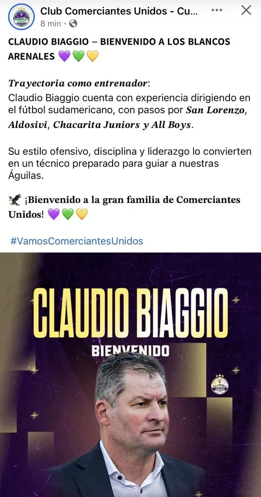 Comerciantes Unidos anunció a Claudio Biaggio como su nuevo DT (Oficial).