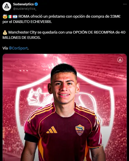 Los detalles de la oferta de Roma por Echeverri (X @sudanalytics_).