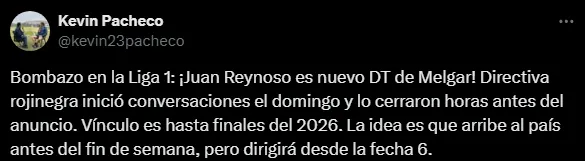 Juan Reynoso vuelve a Melgar (Foto: X).