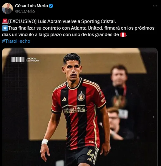 Luis Abram jugará en Sporting Cristal (X @CLMerlo).