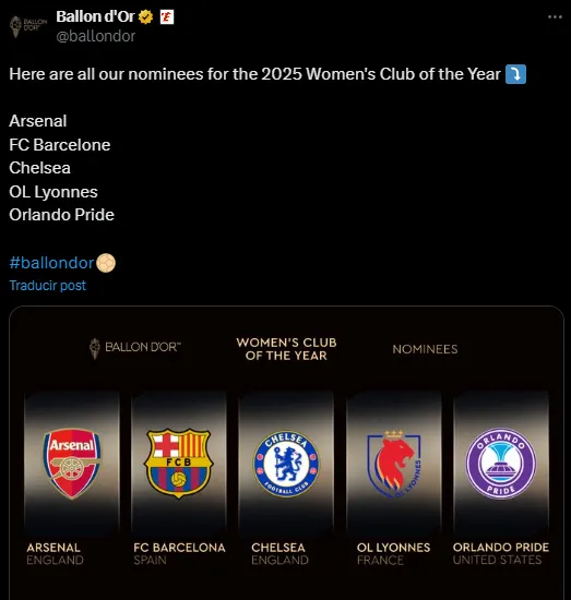 Los clubes femeninos nominados en la gala del Balón de Oro (X @ballondor).