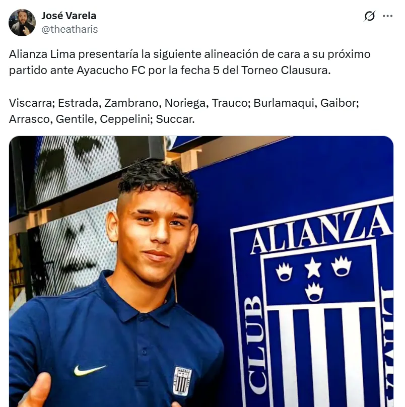 Posible alineación de Alianza Lima ante Ayacucho FC (Twitter José Varela).