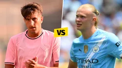 Giacomo Corona y Erling Haaland, delanteros de Palermo y Manchester City.