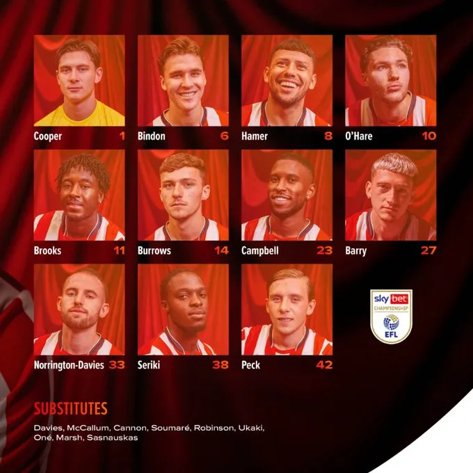 La alineación y el banco de suplentes de Sheffield United ante Bristol City (Oficial).