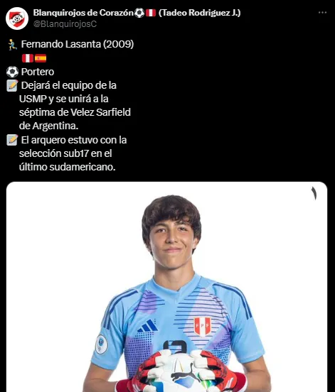 Fernando Lasanta, de la Sub 17 de Perú, se va a Vélez (X @BlanquirojosC).