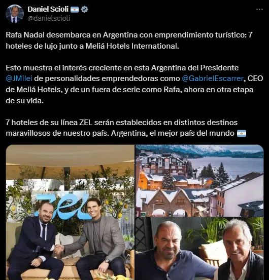 Daniel Scioli reveló la llegada de los hoteles de Nadal (X @danielscioli).