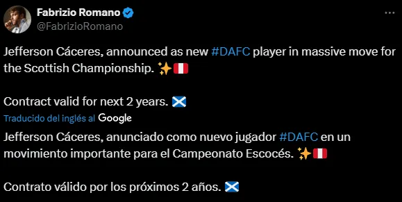 Jefferson Cáceres, destacado por Fabrizio Romano (X @FabrizioRomano).