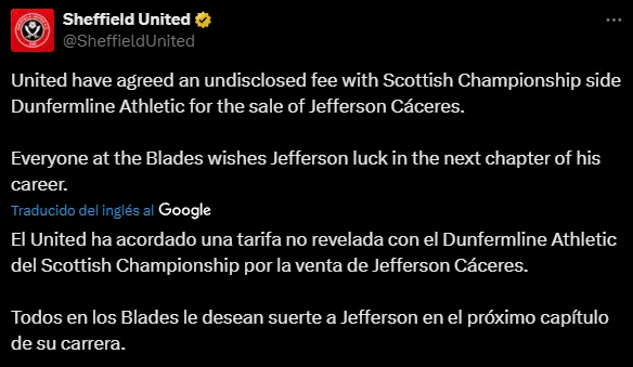 El anuncio oficial de la salida de Cáceres del Sheffield United (X @SheffieldUnited).