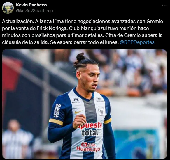 Alianza Lima, en negociaciones avanzadas con Gremio por Erick Noriega (X @kevin23pacheco).