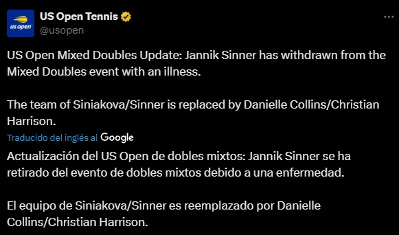 El anuncio de la baja de Sinner para el dobles mixto (X @usopen).